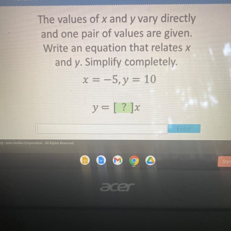 The value of x and y vary directly and one pair of values are given write an equation-example-1