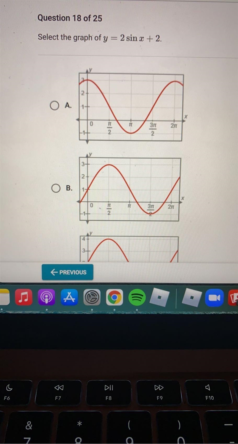 Select the graph of y = 2 sin x + 2.=МЗП2Зп( A. 1+О в.2+о с.03+23-0П2П22-FTT2п2пX-example-1