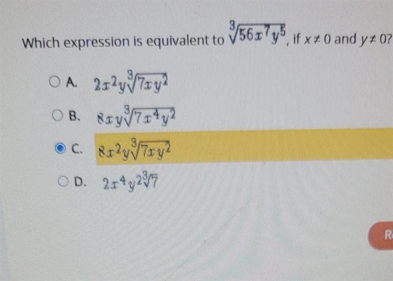 which expression is equivalent to 3567?y5 , if x+ 0 and y? 0? O A 212y7oy? OB. 814704y-example-1