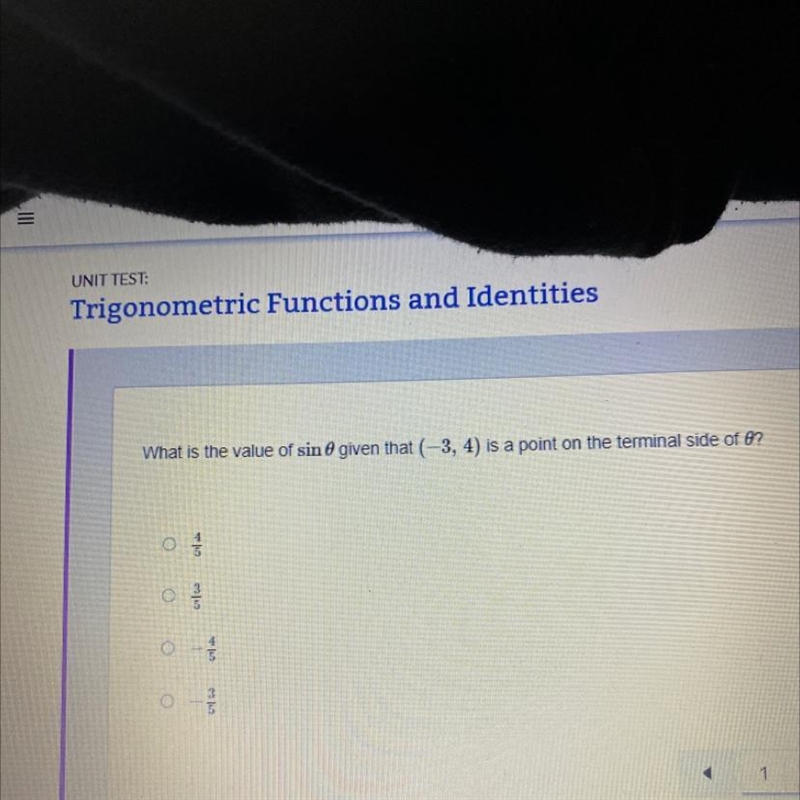 What is the value of sin0 given that (-3,4) is a point on the terminal side of 0?-example-1