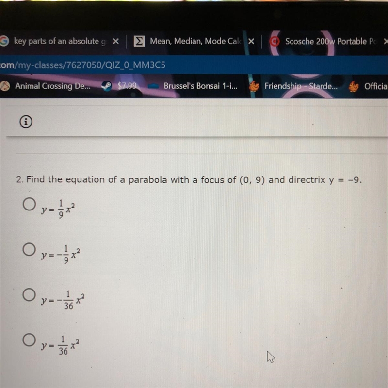 Find the equation of a parabola with a focus of (0,9) and a directrix y = -9-example-1