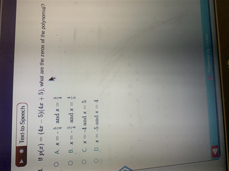 If p(x) = (4x– 5)(4x + 5), what are the zeros of the polynomial?-example-1