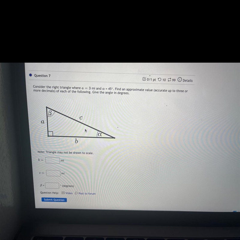 Precalculus:Consider the right triangle where a = 3mi and alpha = 45 degrees Find-example-1