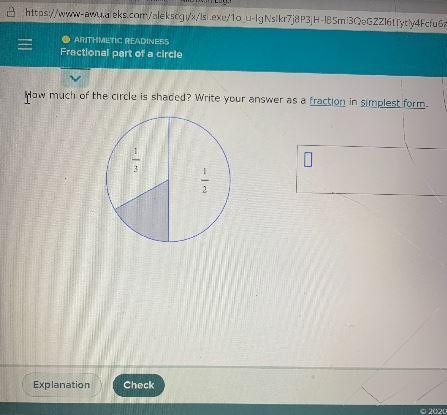 How much of the circle is shaded? Write your answer as a fraction in simplest form-example-1