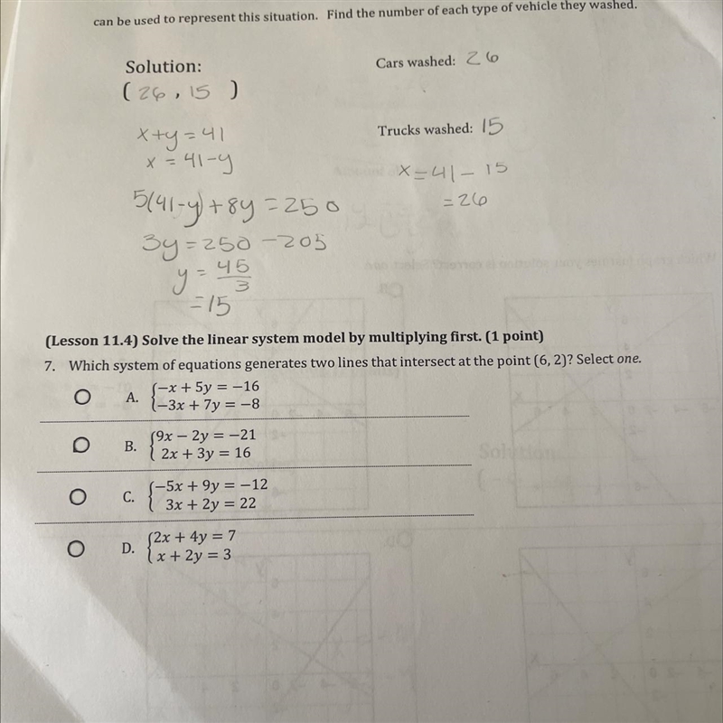 Which system of equations generates two lines the intersect at the point (6,2)Question-example-1