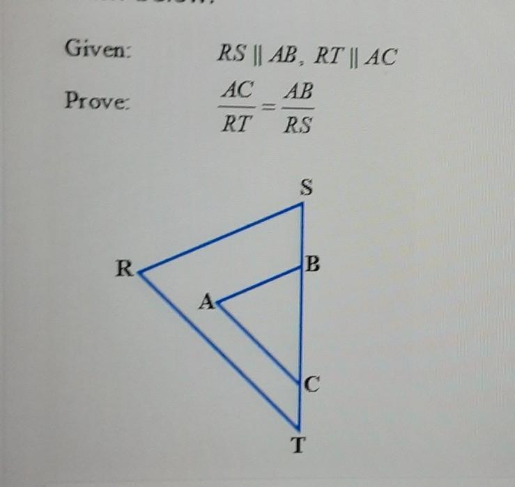 Write a paragraph proof to prove that AC:RT as AB: RS based on the information and-example-1