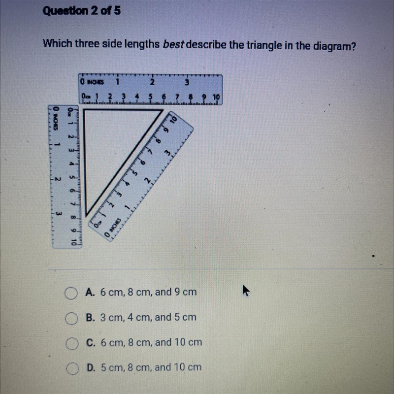 Which three side lengths best describe the triangle in the diagram?-example-1