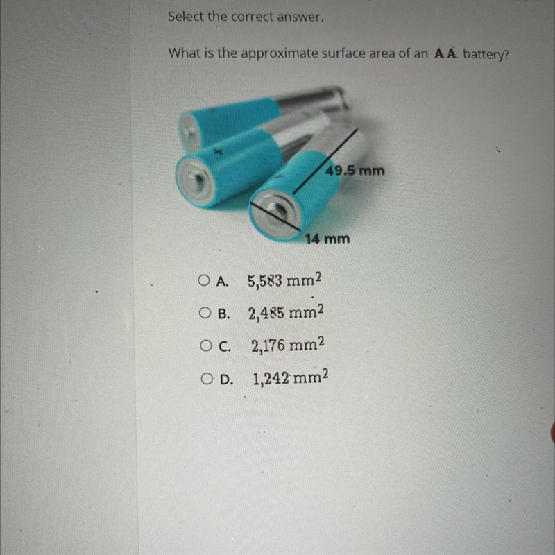 Select the correct answer.What is the approximate surface area of an AA battery?49.5 mm-example-1