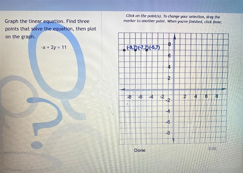 -x + 2y = 11 three points graphed please help !-example-1