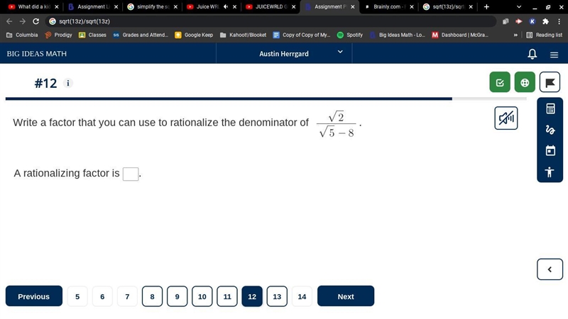 Write a factor that you can use to rationalize the denominator of $\frac{\sqrt{2}}{\sqrt-example-1