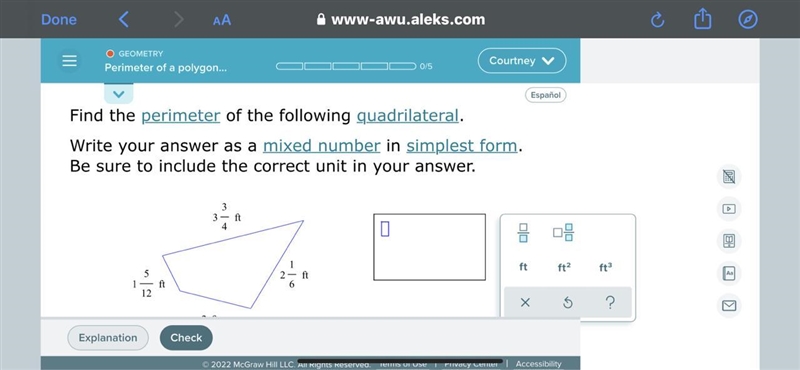 Find the perimeter of the following quadrilateral.The bottom side measures 2 ft.-example-1