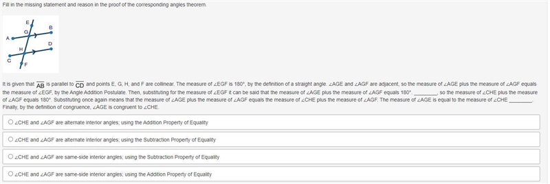 Fill in the missing statement and reason in the proof of the corresponding angles-example-1