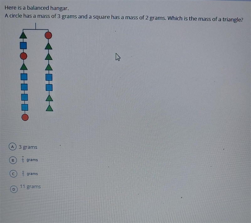 Here is a balanced hangar. A circle has a mass of 3 grams and a square has a mass-example-1