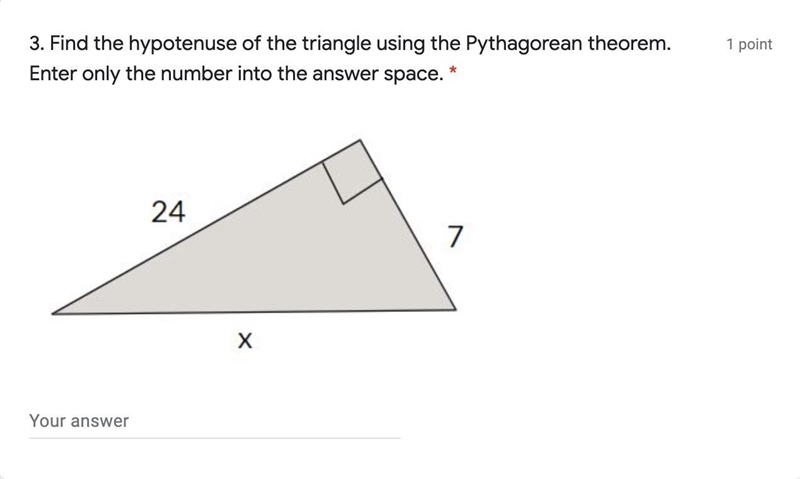 Find the hypotenuse of the triangle using the Pythagorean theorem. Enter only the-example-1