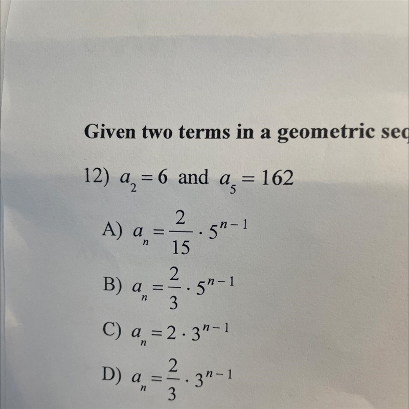 Given two terms in a geometric sequence find the explicit formula-example-1