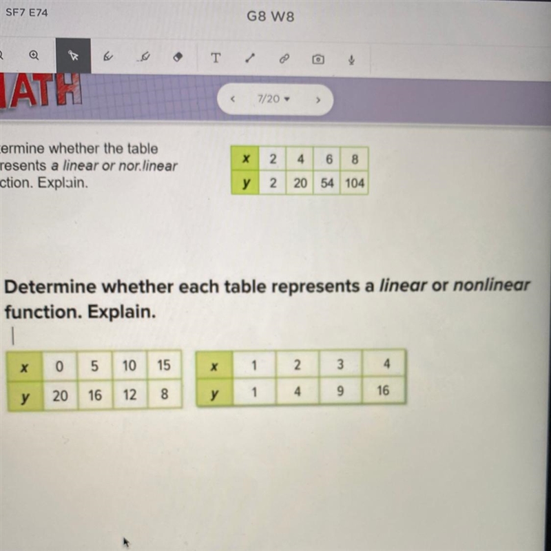 Determine whether each table represents a linear or nonlinear function. Explain. 1 0 5 10 15 х-example-1