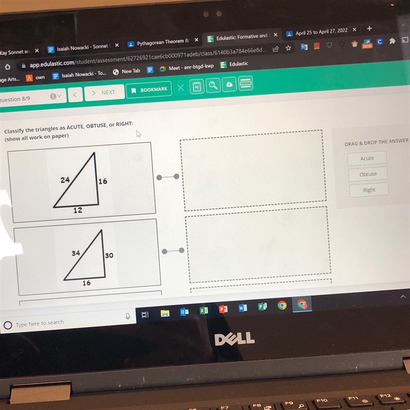 Classify the triangles as ACUTE, OBTUSE, OR RIGHT:(show all work on paper)-example-1