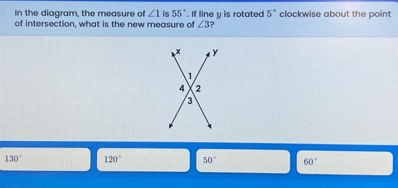 In the diagram, the measure of Z1 is 55°. If line y is rotated 5° clockwise about-example-1