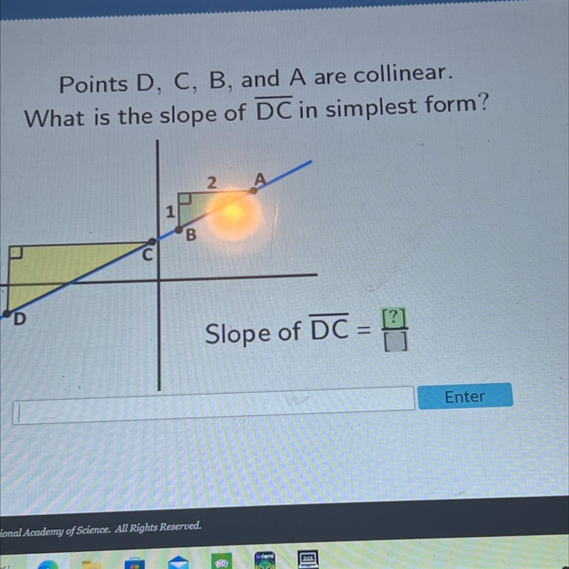 Points D, C, B, and A are collinear.What is the slope of DC in simplest form?21BDSlope-example-1