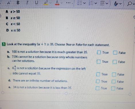 Look at the inequality 5x + 1 = 35. Choose True or False for each statement. True-example-1