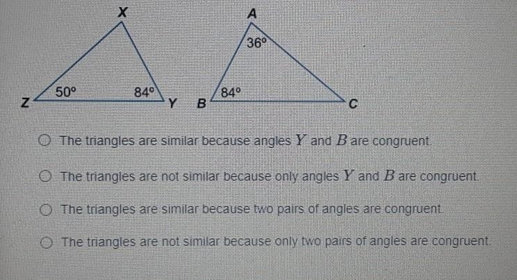 Which statement explains how to determine if traingle ABC is similar to XYZ-example-1