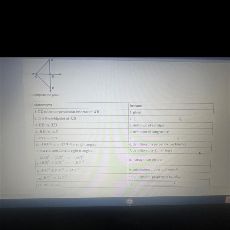 In the figure, CD is the perpendicular bisector of AB.Prove: BC = AC-example-1