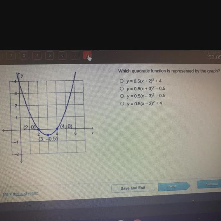 Which quadratic function is represented by the graph?-3O y = 0.5(x + 2)2 + 4o y = 0.5(x-example-1