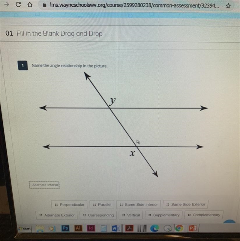 Name the angle relationship of x and y in the picture.-example-1