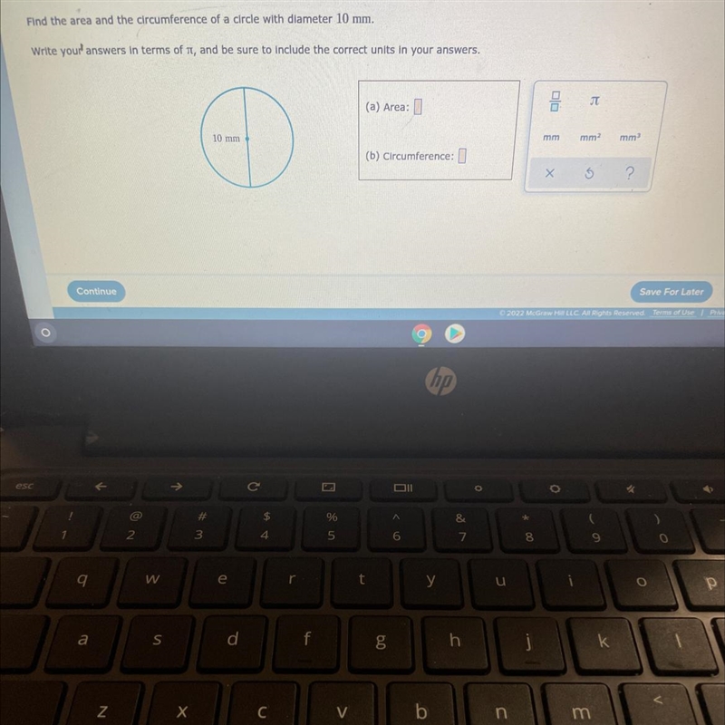 Find the area and the circumference of a circle with diameter 10 mmWrite your answers-example-1