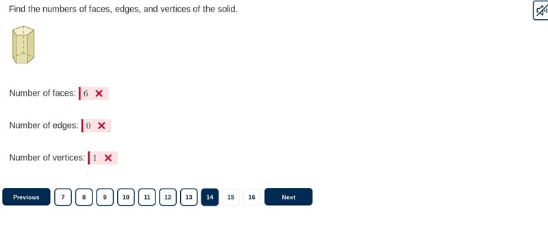 Find the numbers of faces, edges, and vertices of the solid.-example-1