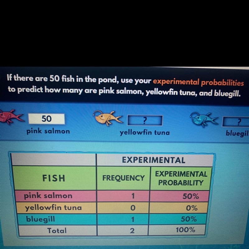 If there are 50 fish in the pond use your experimental probabilities to predict how-example-1