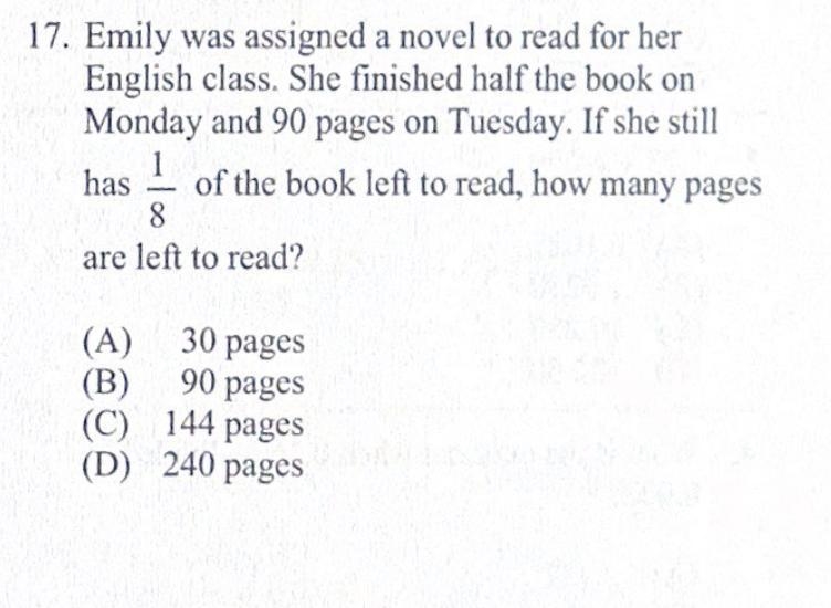 17. Emily was assigned a novel to read for her English class. She finished half the-example-1