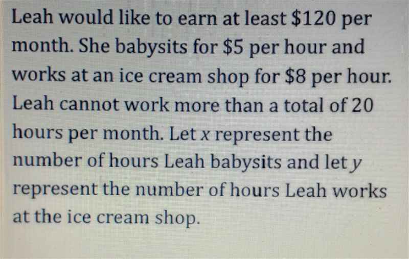 If Leah babysits for 7 hours this month, what is the minimum number of hours shewould-example-1