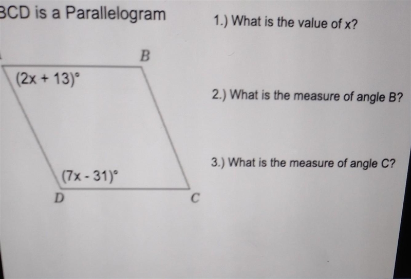 Find the value of x, then find the measure of all 4 angles of the parallelogram.-example-1