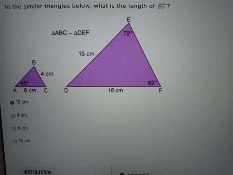 In the similar triangles below, what is the length of EF?-example-1