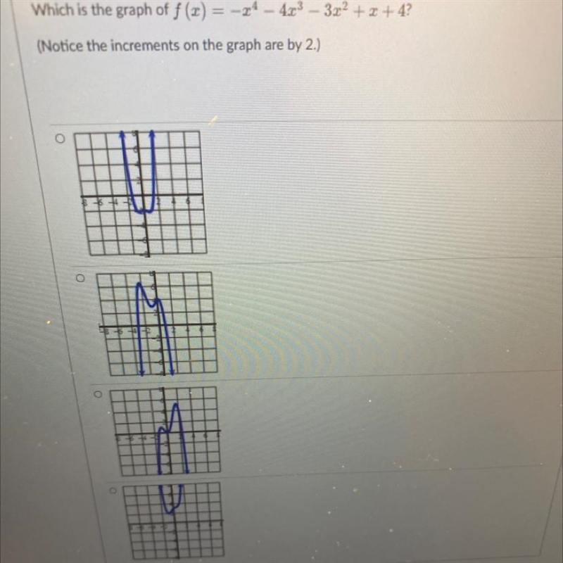 Which is the graph of (Notice the increments on the graph are by 2.)-example-1