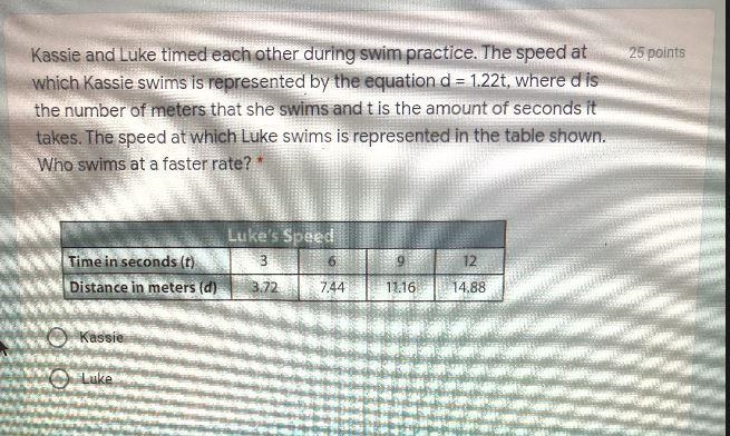 Kassie and Luke timed each other during swim practice. The speed atwhich Kassie swims-example-1