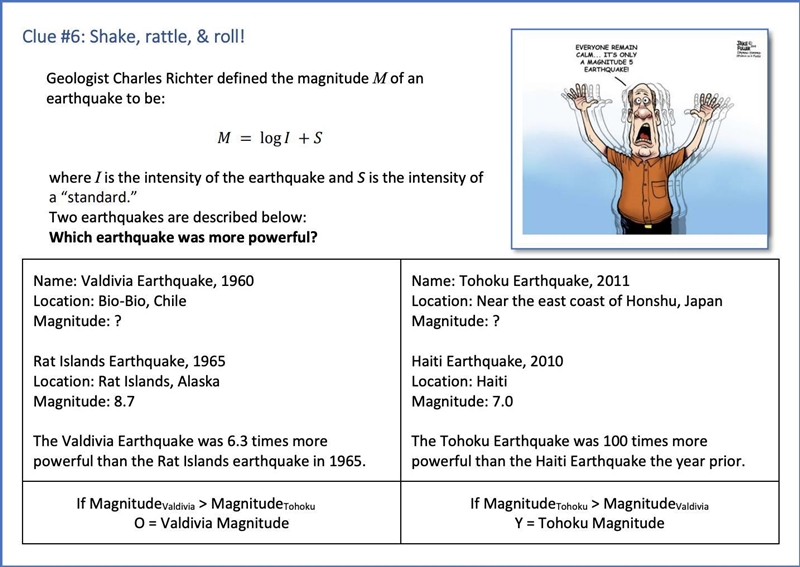 Clue #6: Shake, rattle, & roll!Geologist Charles Richter defined the magnitude-example-1