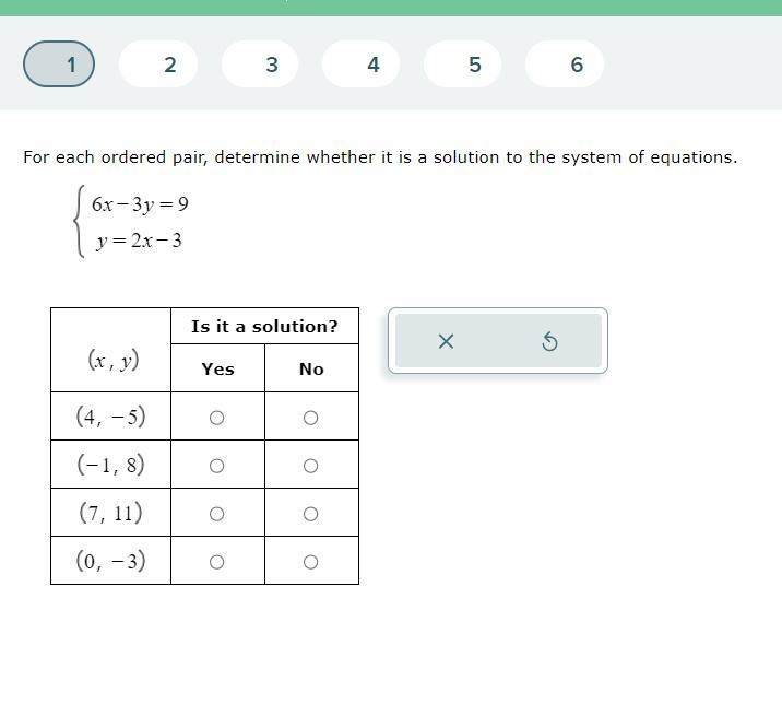 For each ordered pair, determine whether it is a solution to the system of equations-example-1