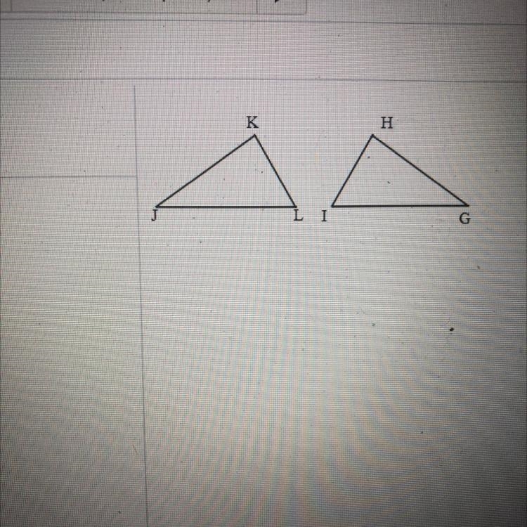 triangle JKL is congruent with triangle \GHI Complete the congruence statement.angle-example-1