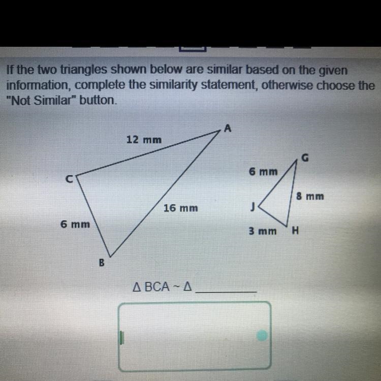 AIf the two triangles shown below are similar based on the giveninformation, complete-example-1