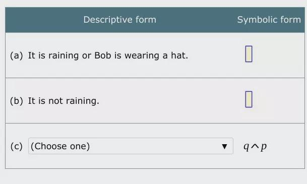 Consider statements p and q.p: It is raining.q: Bob is wearing a hat.For parts (a-example-1