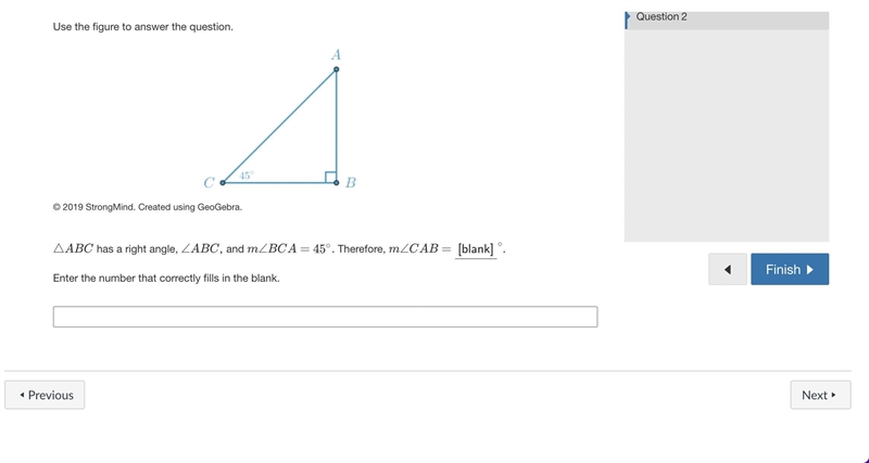 Use the figure to answer the question. Triangle A B C with angle of 45 degrees at-example-1