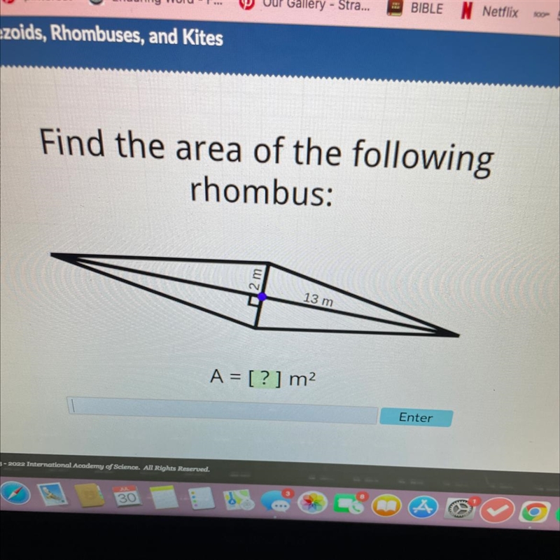 Find the area of the followingrhombus:2m13 mA = [?] m²-example-1