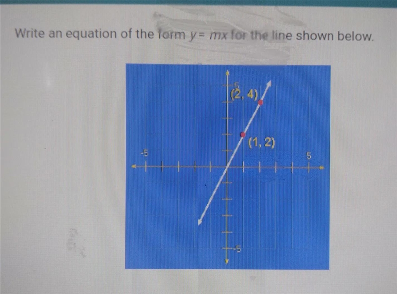 Write an equation of the form y=mx for the line shown-example-1