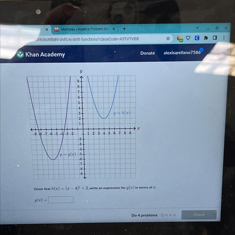 Given that h(x)=(x-4)^2+2,write an equation for g(x) in terms of x.-example-1