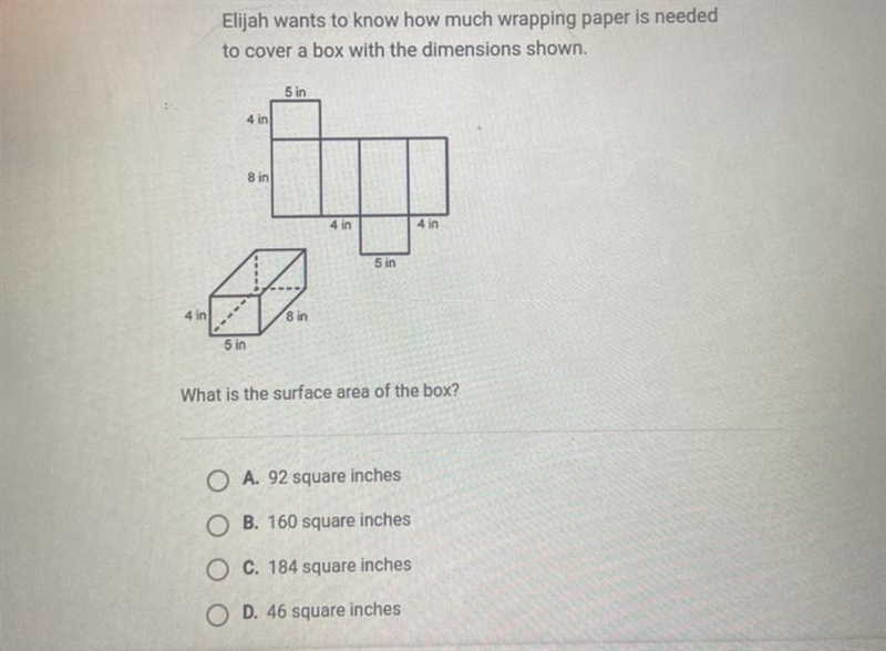 Elijah wants to know how much wrapping paper is neededto cover a box with the dimensions-example-1