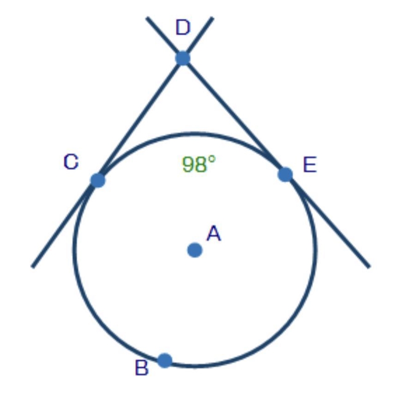 Lines CD and DE are tangent to circle AIf arc CE is 98°, what is the measure of ∠CDE-example-1