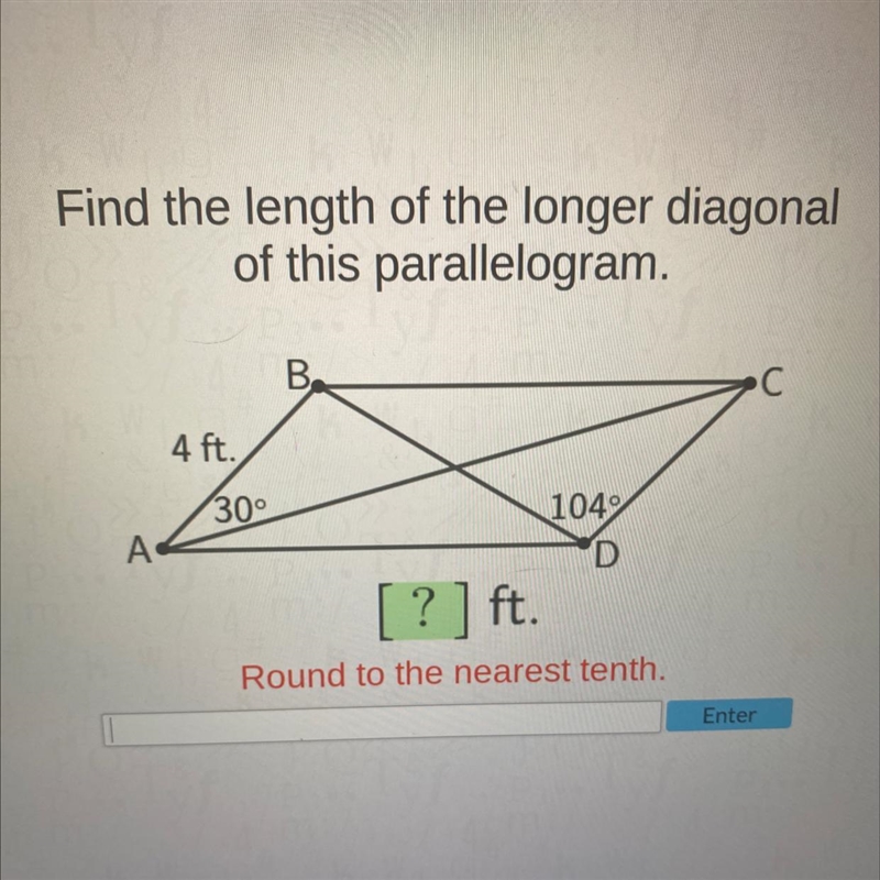 TRIGONOMETRY Find the length of the longer diagonal of this parallelogram round to-example-1