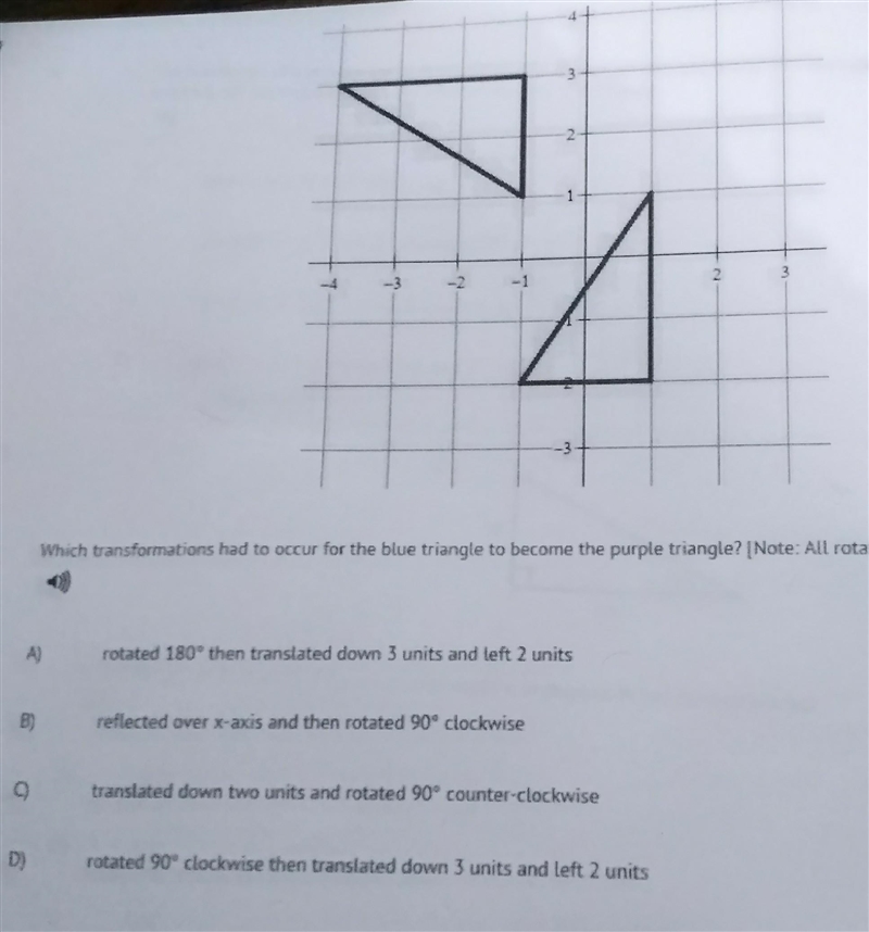 which transformations had to occur for the blue triangle to become the purple triangle-example-1